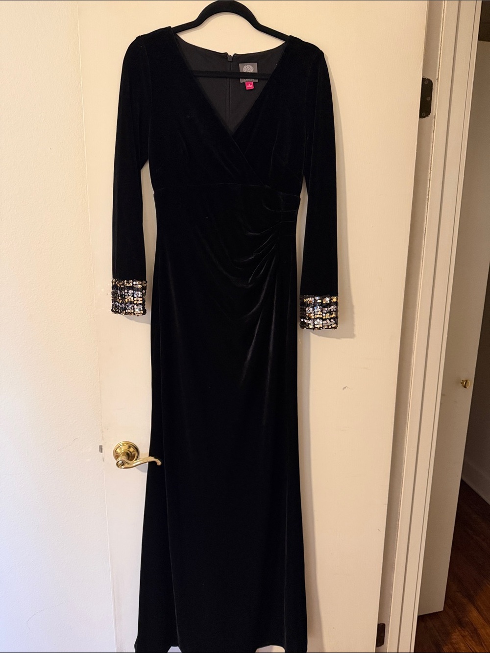 Vince Camuto Black Velvet Long Sleeve Evening Gown with Embellished Cuffs